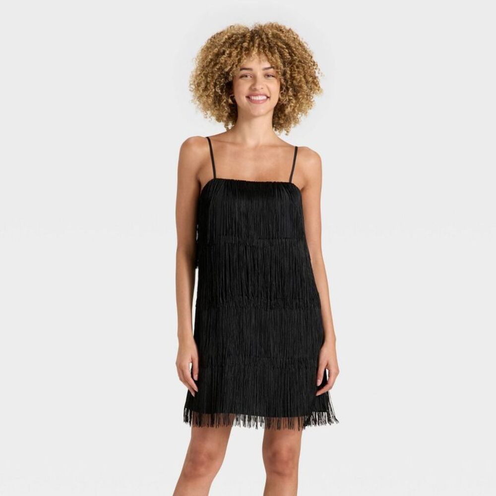 a new day Black Fringe Strapless Mini with Thin Straps